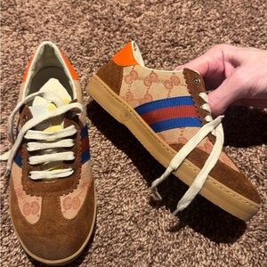Brown and Orange Sneakers with Blue Stripes